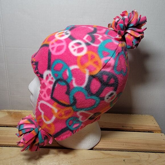 Old Navy Fleece Hat Pink w/ Peace Signs 3 Poms - Size Small - Picture 4 of 5